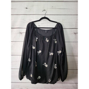 Alyx Womens Blouse Top Black Floral Long Sleeve Sheer Round Neck Keyhole 0X‎